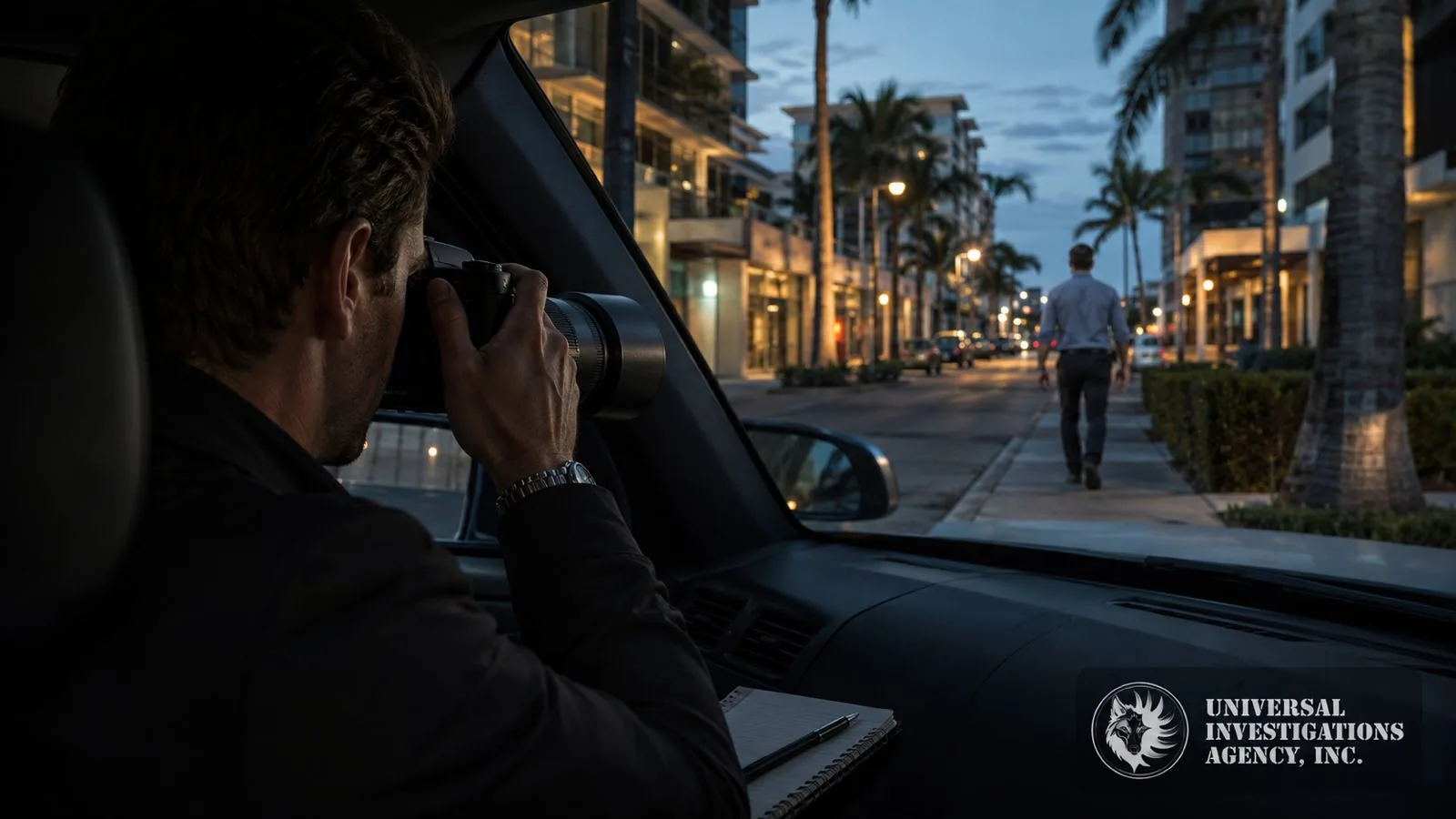 Universal Investigations Agency investigator conducting nighttime covert surveillance with a telephoto camera