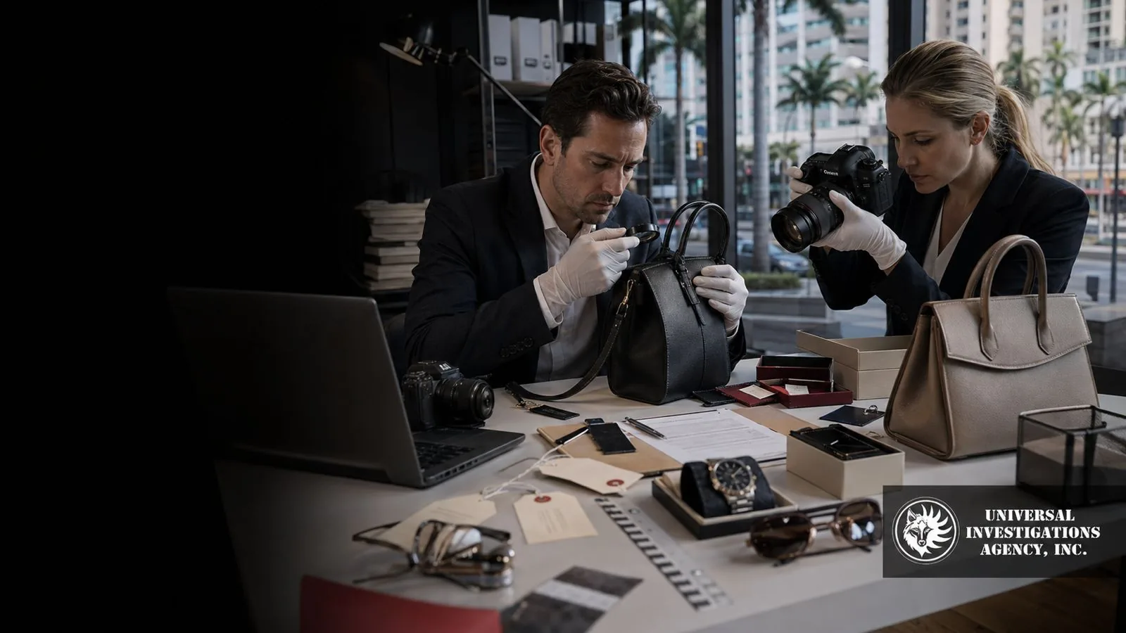Universal Investigations Agency investigators examining luxury goods for counterfeit and brand-protection evidence