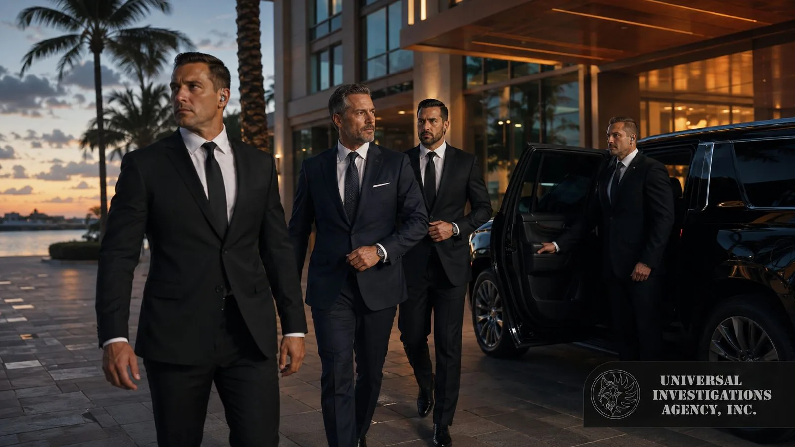 Universal Investigations Agency executive protection detail with a principal and protective agents beside a luxury SUV
