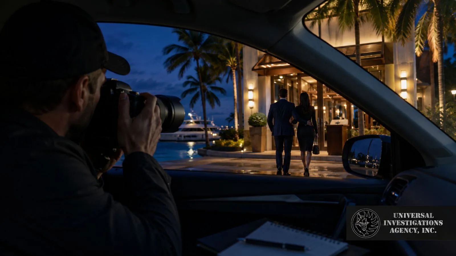 Universal Investigations Agency investigator documenting subjects during a discreet nighttime surveillance operation