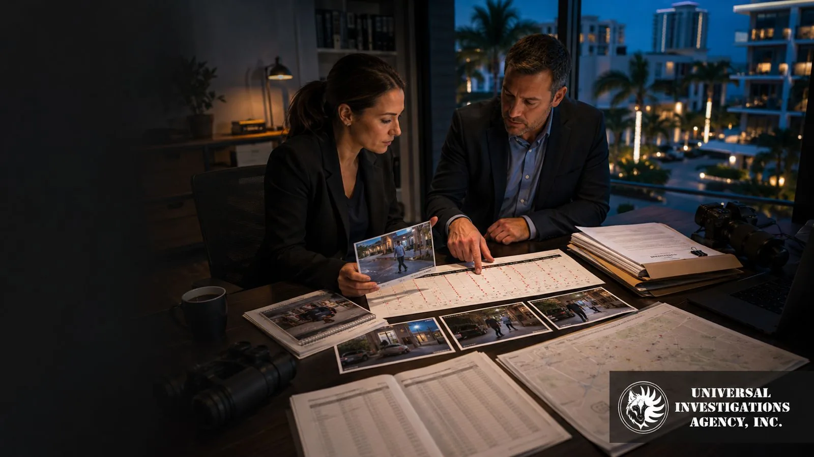 Universal Investigations Agency investigators reviewing surveillance photos, maps, and case materials at a desk