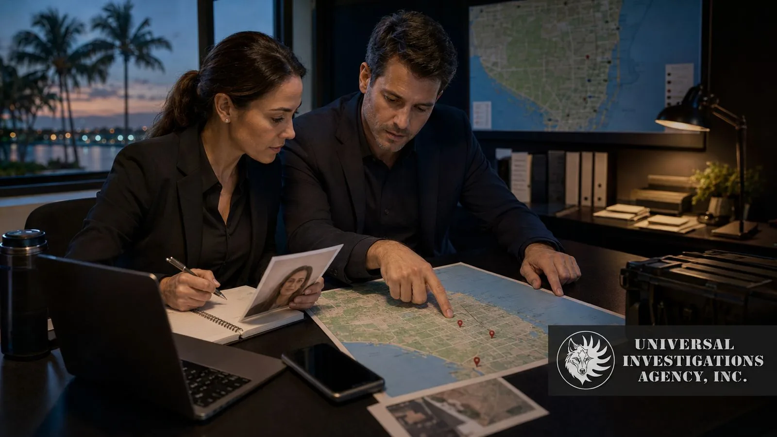 Universal Investigations Agency investigators mapping locations and reviewing a photograph during a locate case